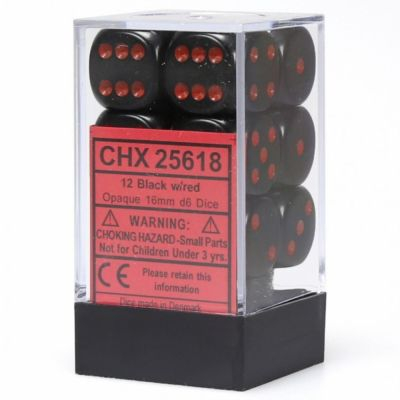 Ds et Gemmes  Chessex - Set de 12 Ds -  6 Faces Couleur - Opaque - Noir/Rouge