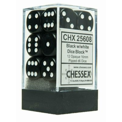 Ds et Gemmes  Chessex - Set de 12 Ds -  6 Faces Couleur - Opaque - Noir/Blanc - CHX25608