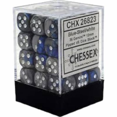 Ds et Gemmes  Chessex - Set de 36 Ds -  6 Faces Couleur - Gemini - Bleu - Acier/Blanc- CHX26823