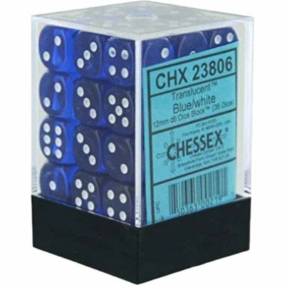 Ds et Gemmes  Chessex - Set de 36 Ds -  6 Faces Couleur - Transparent - Bleu/Blanc - CHX23806