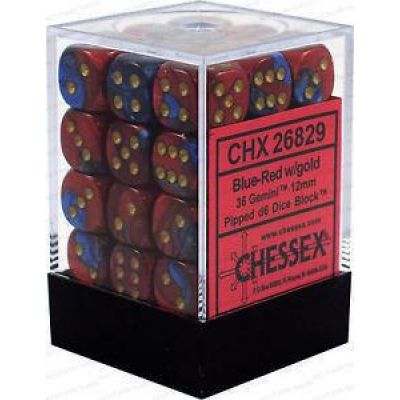 Ds et Gemmes  Chessex - Set de 36 Ds -  6 Faces Couleur - Gemini - Blue - Red/Gold - CHX26829