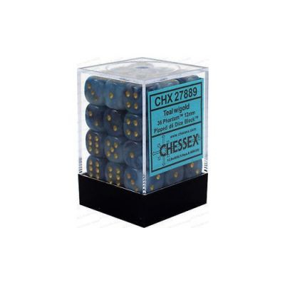 Ds et Gemmes  Chessex - Set de 36 Ds -  6 Faces Couleur - Phantom - Teal/Gold - CHX27889