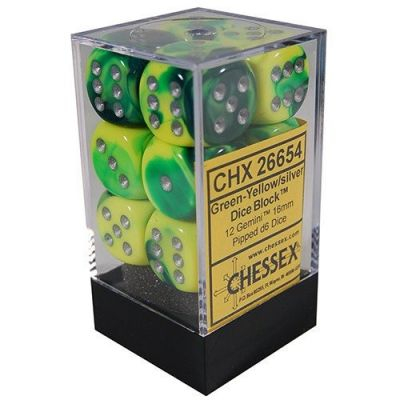 Ds et Gemmes Jeu de Rle Chessex - Set de 12 Ds -  6 Faces Couleur - Gemini - Green - Yellow/Silver - CHX26654