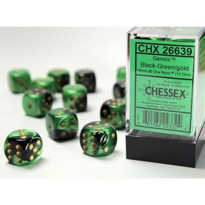 Ds et Gemmes Jeu de Rle Chessex - Set de 12 Ds -  6 Faces Couleur - Gemini - Black-Gren/Gold - CHX26639